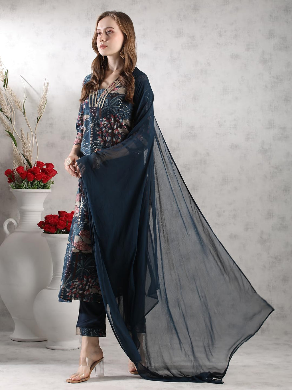 ANNI DESIGNER Women s Printed Rayon Blend Kurta with Pants and Dupatta, Blue, S