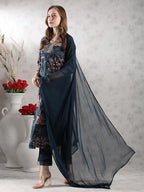 ANNI DESIGNER Women s Printed Rayon Blend Kurta with Pants and Dupatta, Blue, S