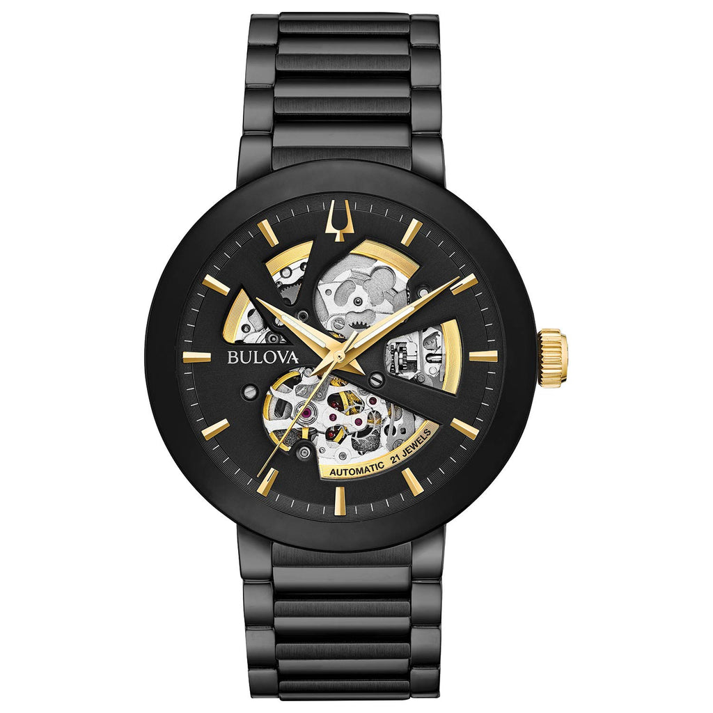 Bulova Men's Modern Black Ion-Plated Stainless Steel 3-Hand Automatic Watch, Skeleton Dial with Gold Tone Accents Style: 98A203