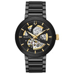 Bulova Men's Modern Black Ion-Plated Stainless Steel 3-Hand Automatic Watch, Skeleton Dial with Gold Tone Accents Style: 98A203
