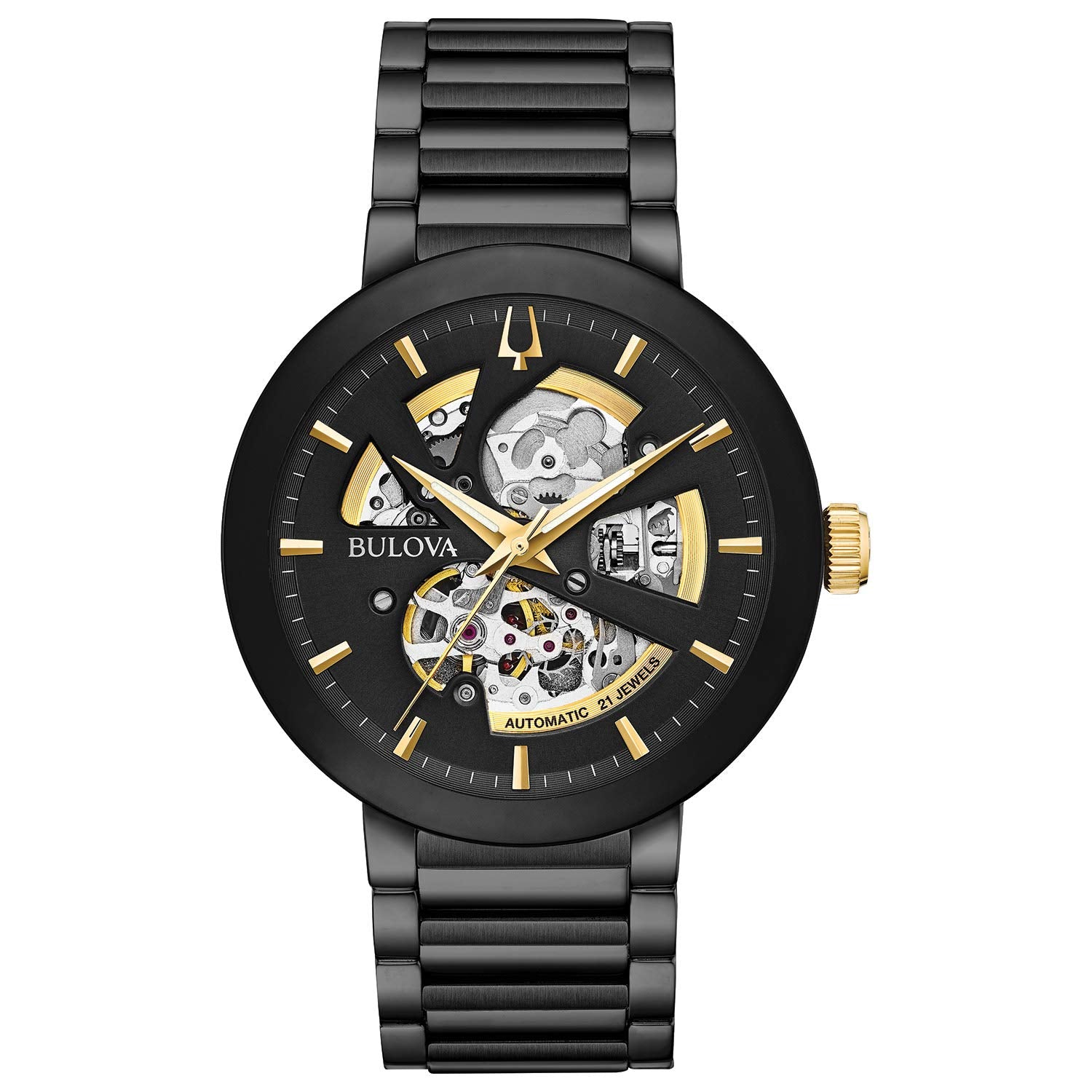 Bulova Men's Modern Black Ion-Plated Stainless Steel 3-Hand Automatic Watch, Skeleton Dial with Gold Tone Accents Style: 98A203