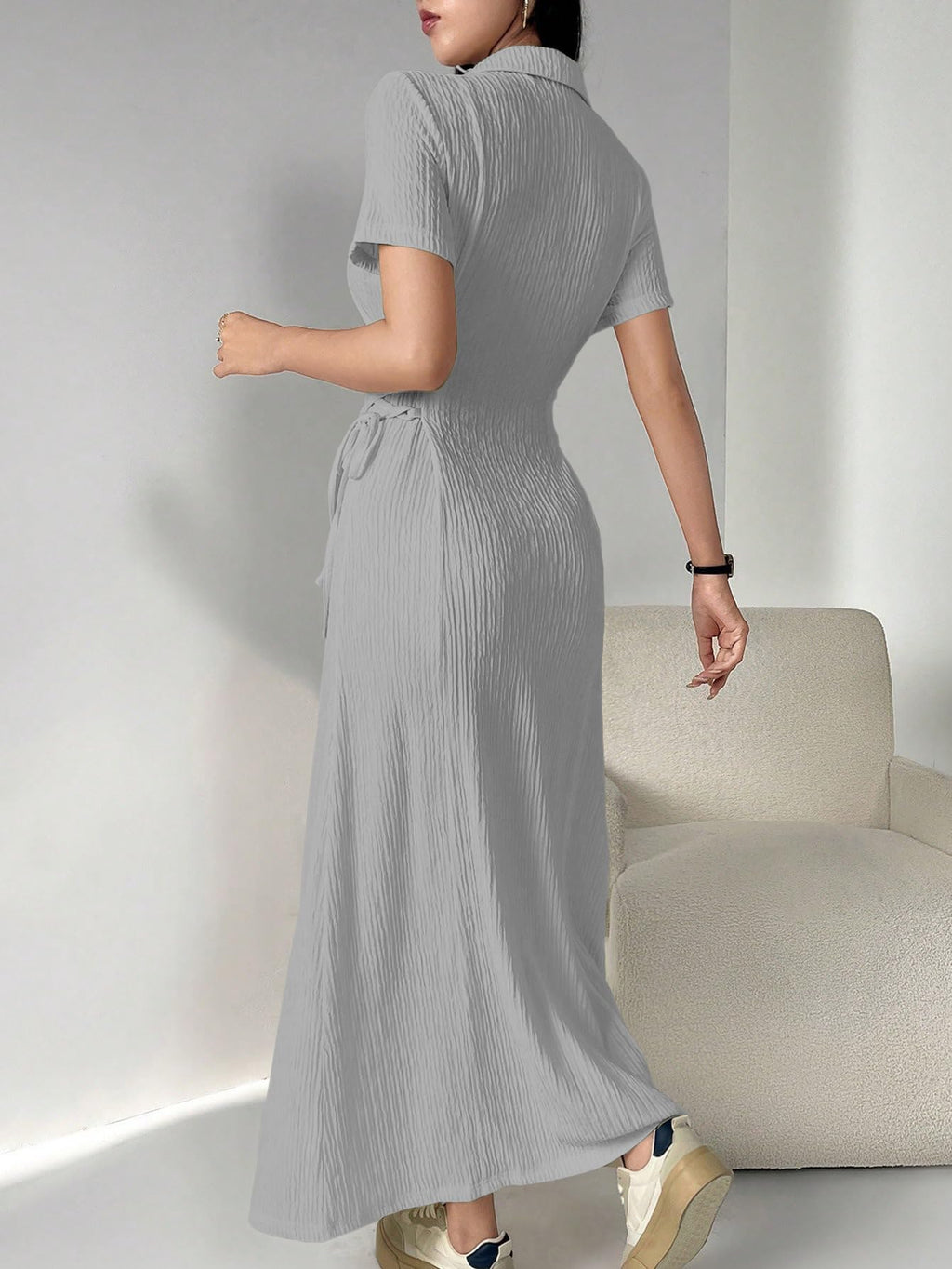 Shasmi Womens Grey Solid Color Applique Lace-Up Collared Short Sleeve, Side-Tie Waist Long Casual Maxi Women Dress Outfit Long E