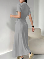 Shasmi Womens Grey Solid Color Applique Lace-Up Collared Short Sleeve, Side-Tie Waist Long Casual Maxi Women Dress Outfit Long E