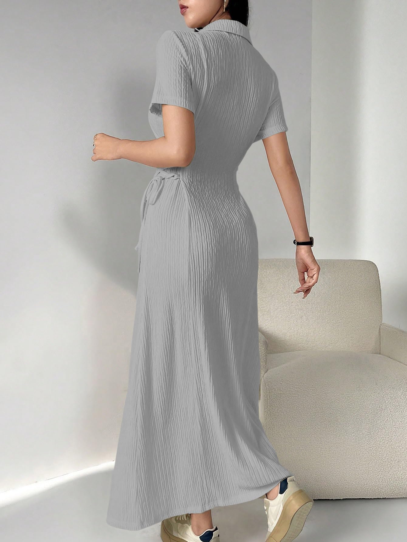 Shasmi Womens Grey Solid Color Applique Lace-Up Collared Short Sleeve, Side-Tie Waist Long Casual Maxi Women Dress Outfit Long E
