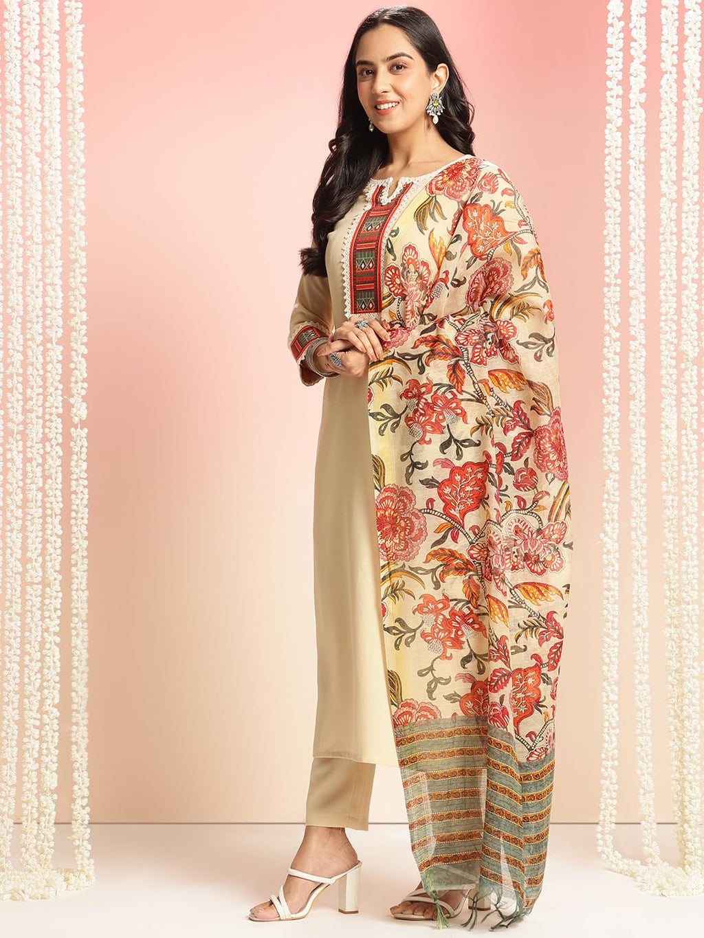 ANNI DESIGNER Womens Rayon Viscose Floral Straight Kurta with Pant & Dupatta (Dhar-CLRS-RB_Cream_Large)