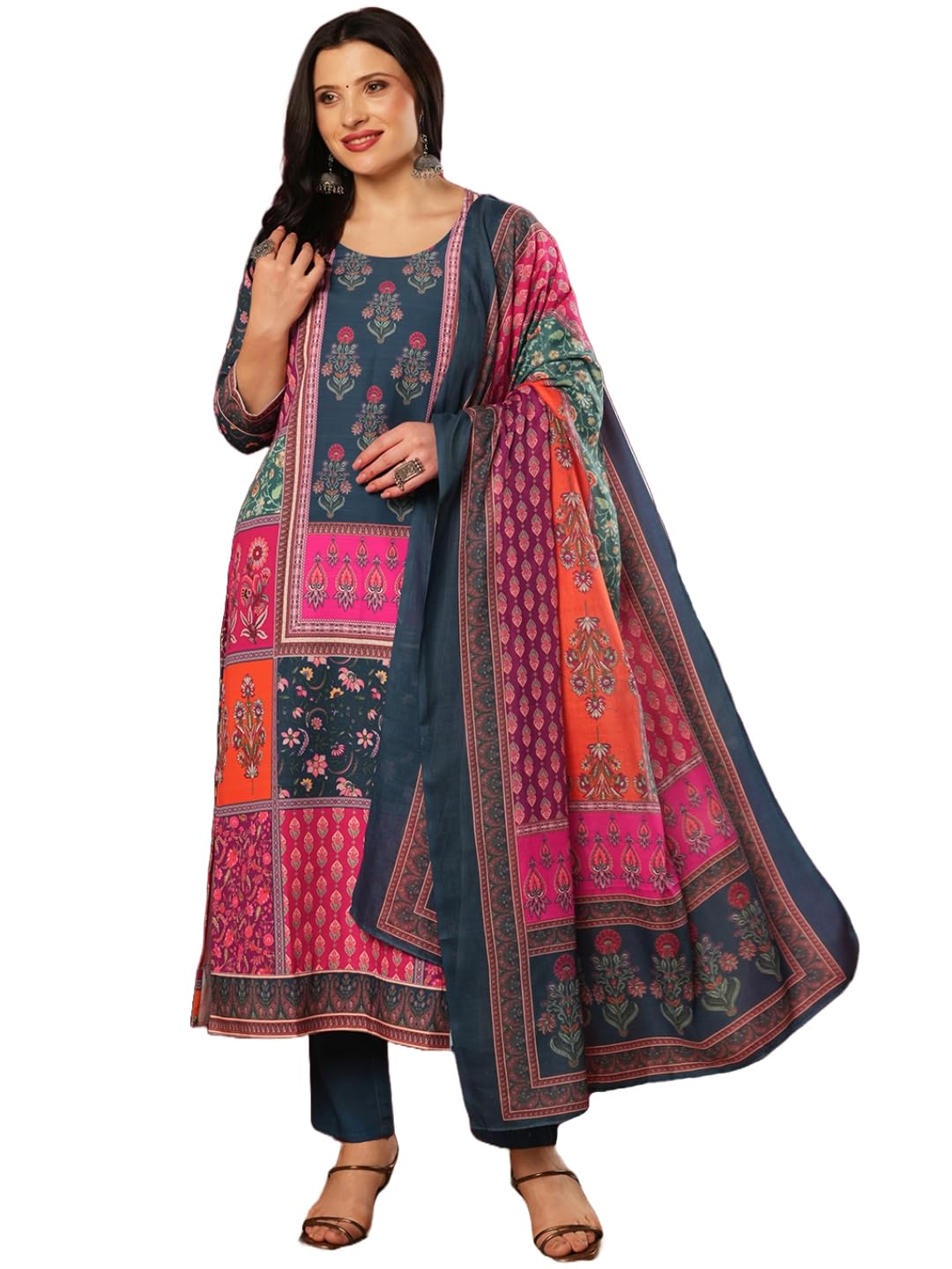 ANNI DESIGNER Women s Rayon Viscose Print Straight Kurta with Pants & Dupatta, Multicolored, L