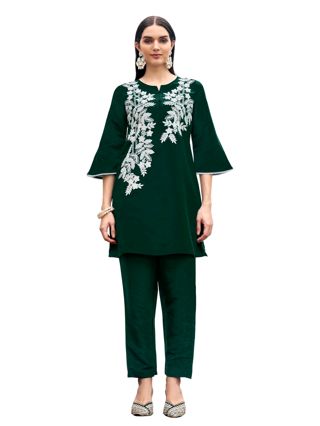 Womanista Women'S Bottle Green Colour White Thread Embroidery Work Tunic With Trouser Coord Set(Co-Ords_9123_L)