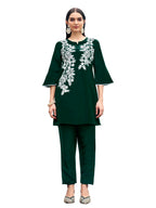 Womanista Women'S Bottle Green Colour White Thread Embroidery Work Tunic With Trouser Coord Set(Co-Ords_9123_L)