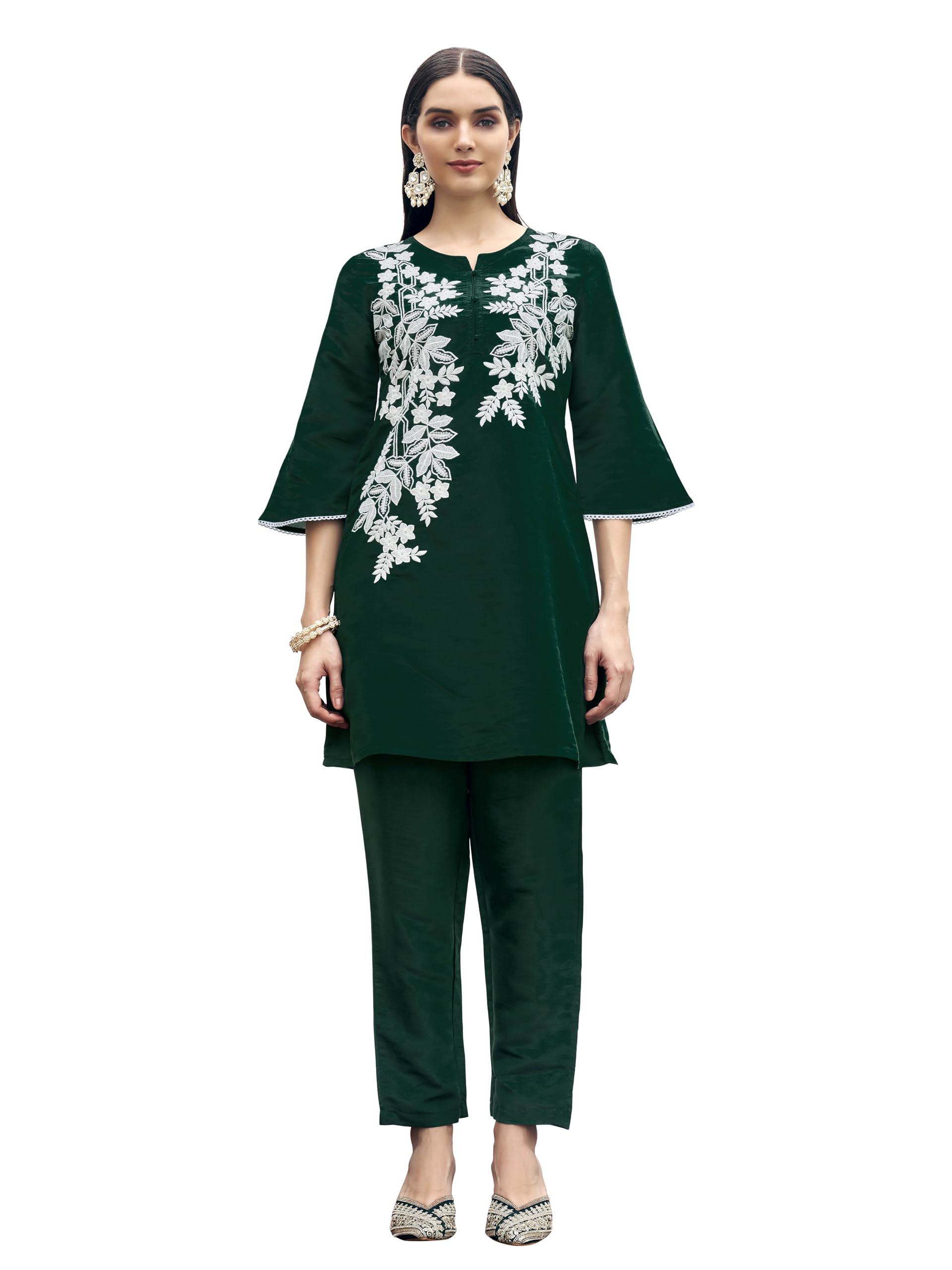 Womanista Women'S Bottle Green Colour White Thread Embroidery Work Tunic With Trouser Coord Set(Co-Ords_9123_L)