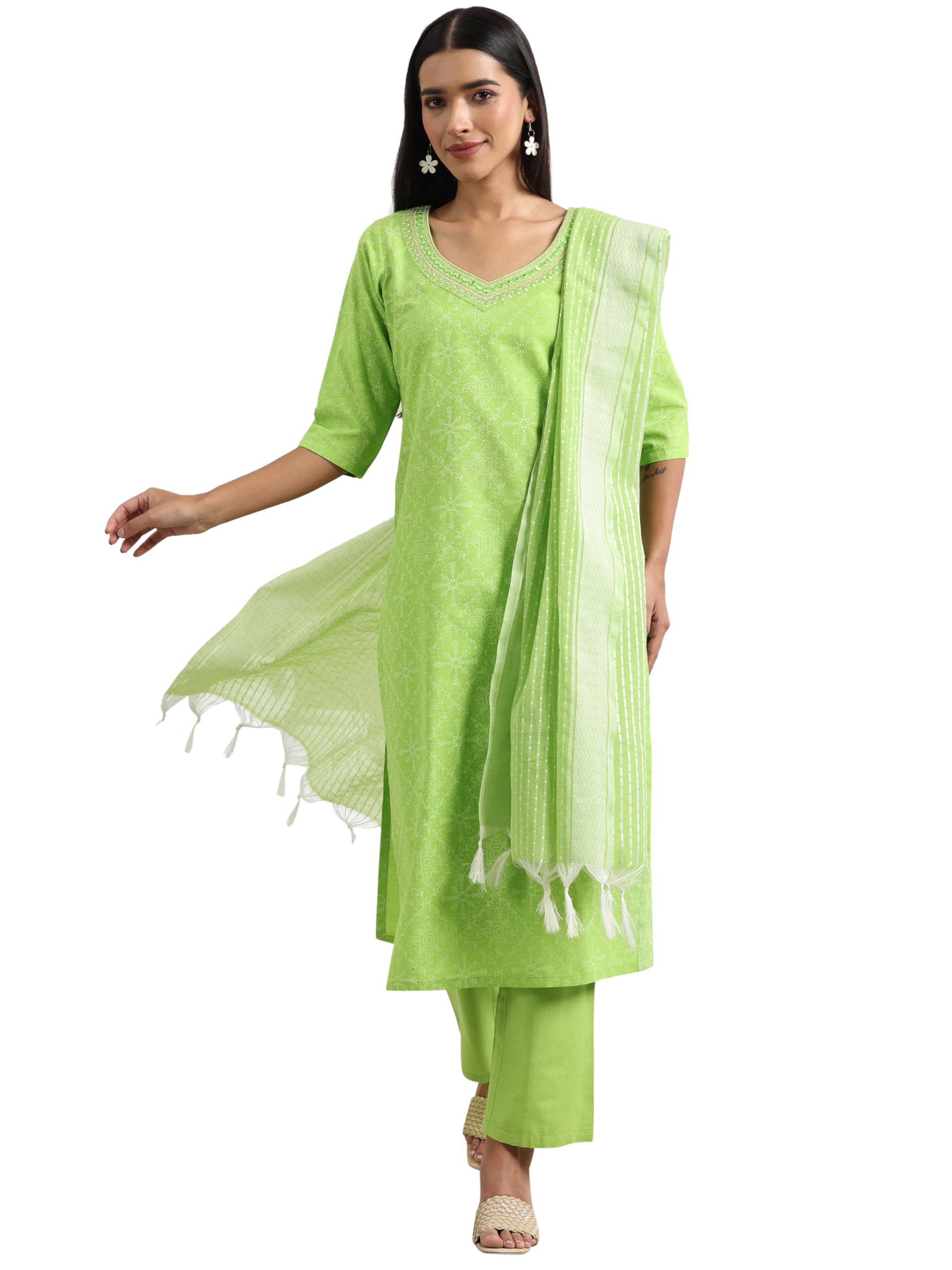 Gerua By Libas Printed Cotton Blend Straight Kurta With Trousers and Dupatta