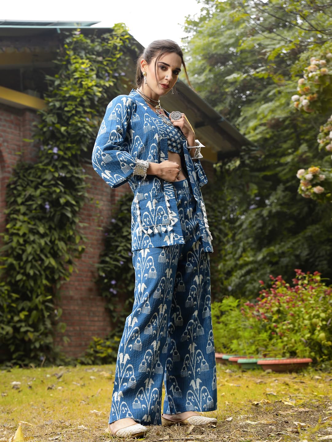 Stylum Womens Ikat Printed Katha Cotton Kurti Pant Set