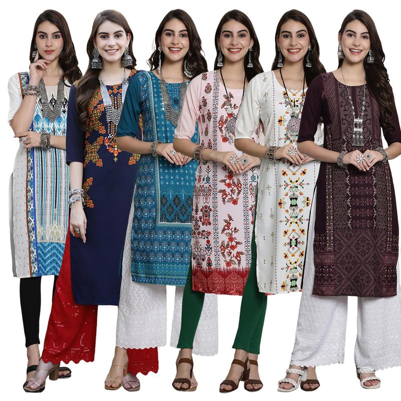 Pinkmint Womens Crepe Digital Print Straight Kurta [Pack of 6]
