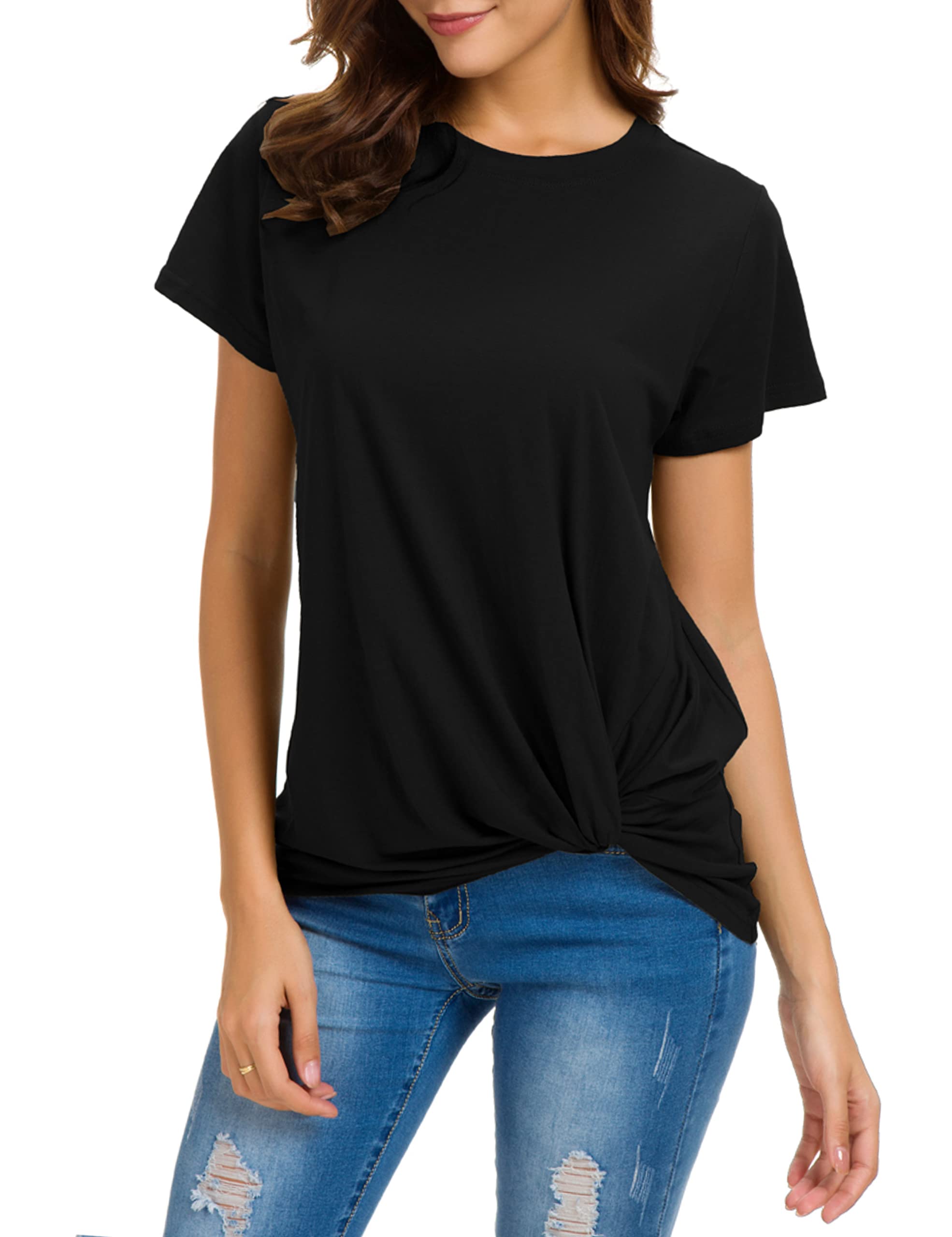 MSHING Women Casual Round Neck Short Sleeve Tie Up Blouse Comfortable Cotton Basic Tops, Black, Medium
