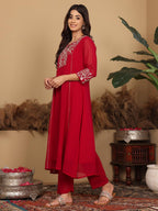 Varanga Women Magenta Embroidered Aline Kurta Paired With Tonal Bottom And Dupatta