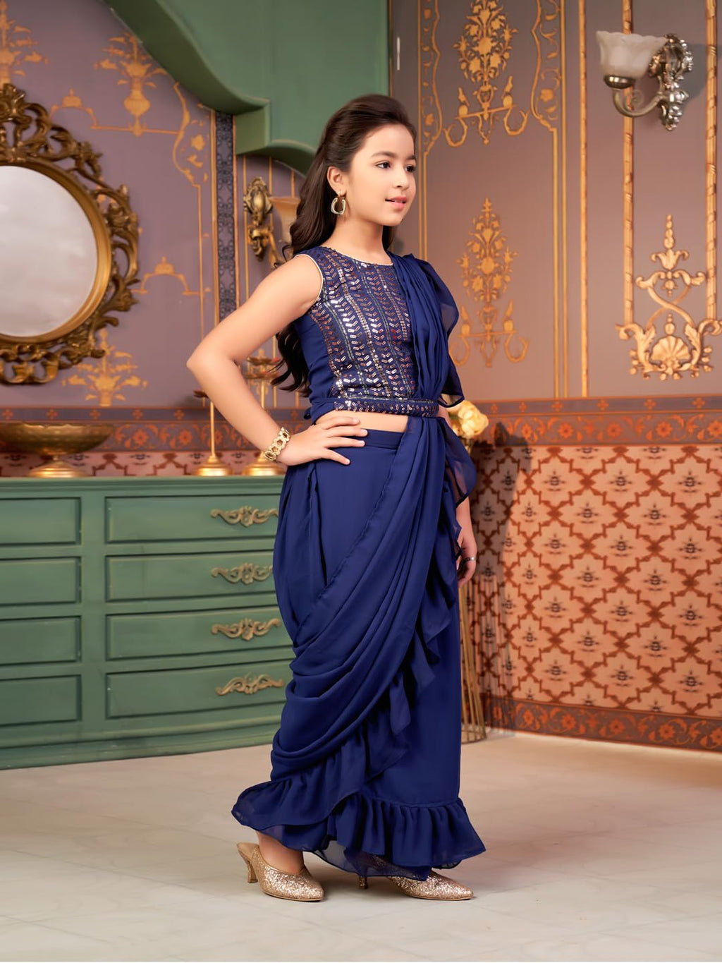 Aarika Girls Ethnic Wear Navy-Blue Colour Sequin Embroidery Georgette Lehenga Choli Set With Attached Dupatta-(4-9 Years)-(Lch-S
