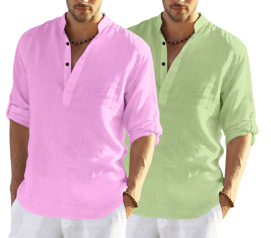 Hemrin Combo Of MenS Cotton Blend Full Sleeve Short Kurta Shirt With Mandarin Collar Pack Of 2