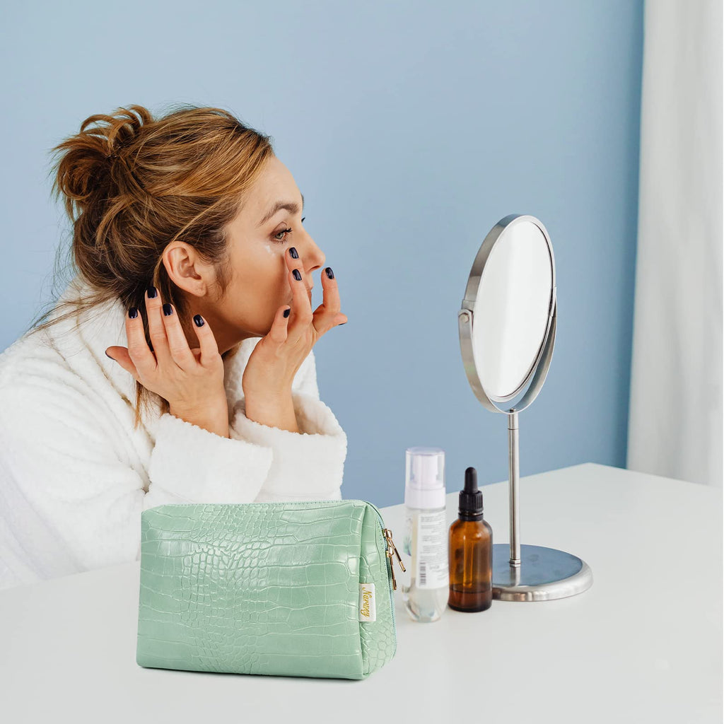 Narwey Large Vegan Leather Makeup Bag Zipper Pouch Travel Cosmetic Organizer for Women (Large, WX-Green)