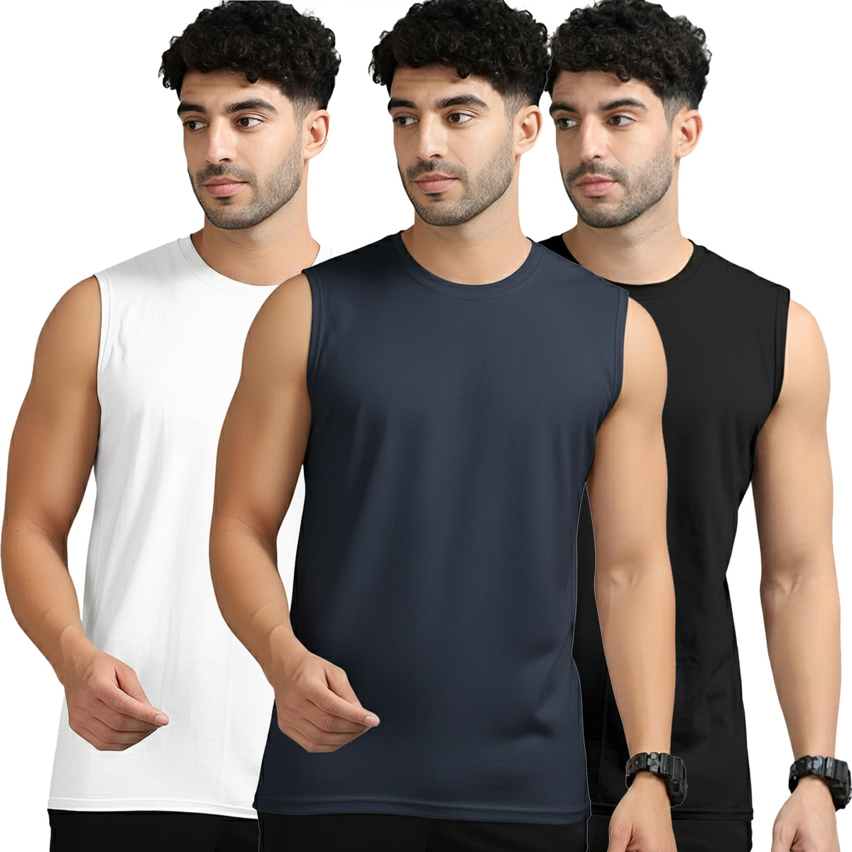 Jangoboy MenS Active Wear Sleeveless TShirt Gym Wear Tank Top Vest Round Neck Running Sando For Sports (TripleTrip68368968