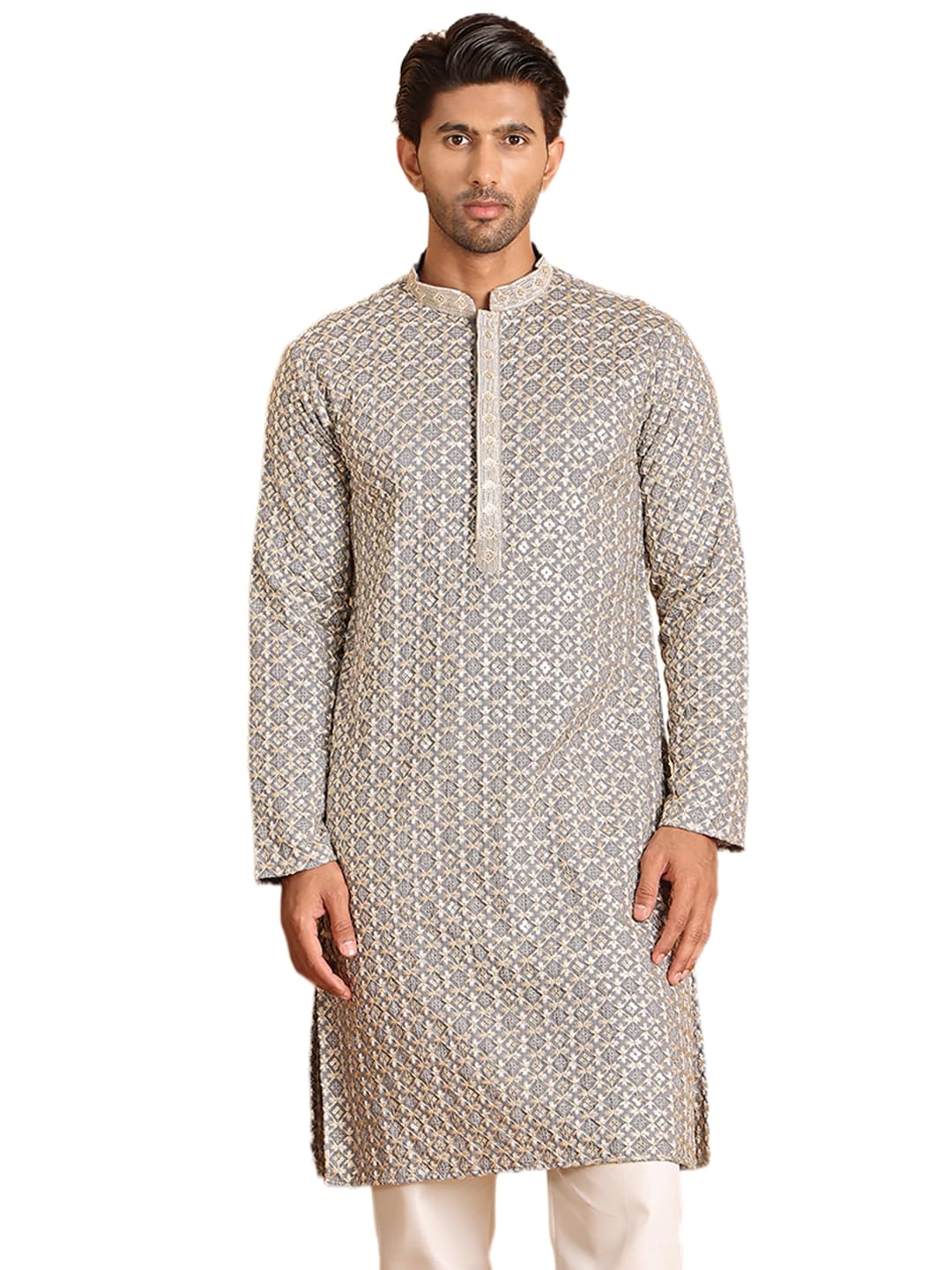 Jompers Mens Embroidered Sequined Viscose Straight Kurta