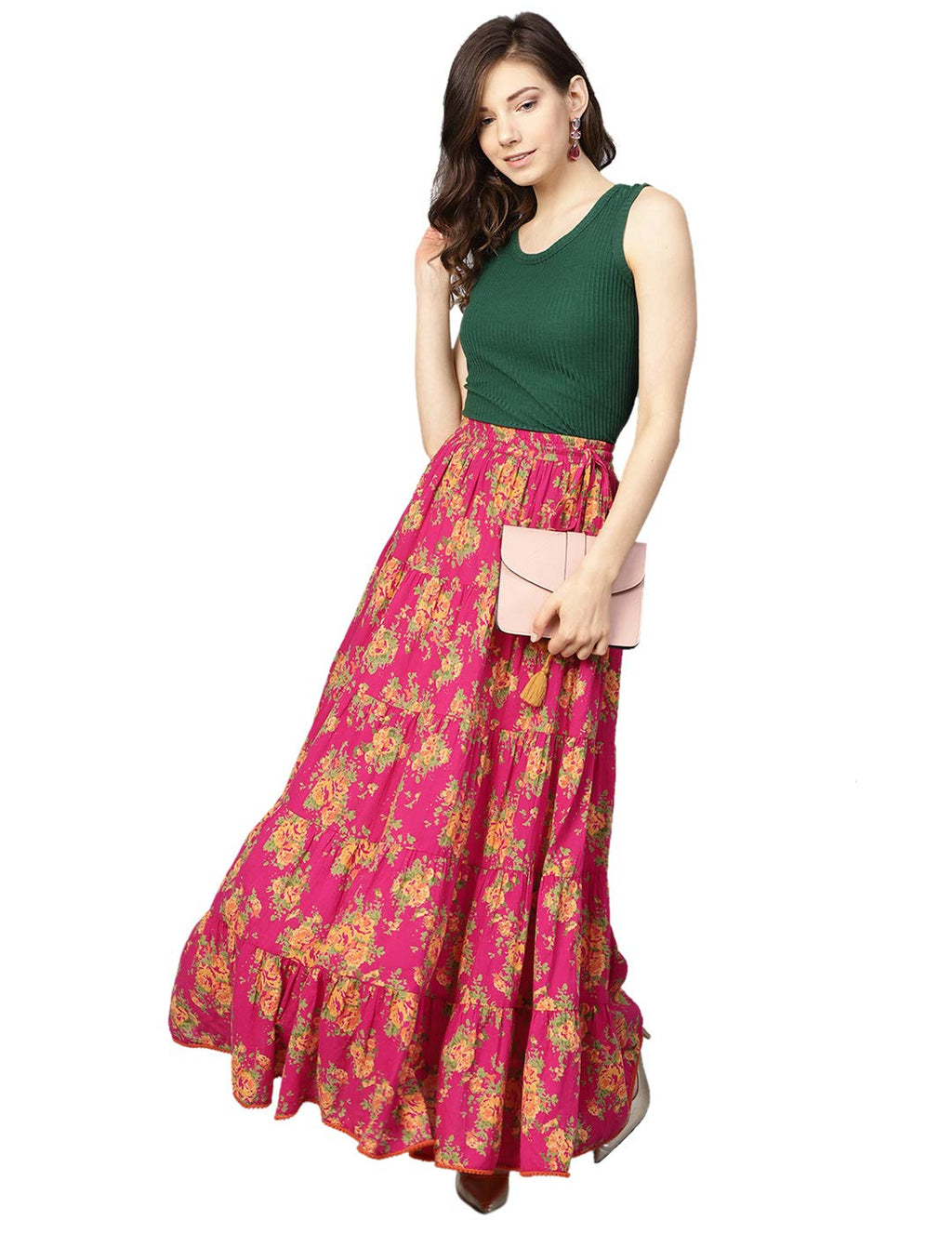 Varanga Fushcia Floral Printed Tiered Skirt with Drawstring and Tassels at Waist Band with pom-pom lace at Hemline