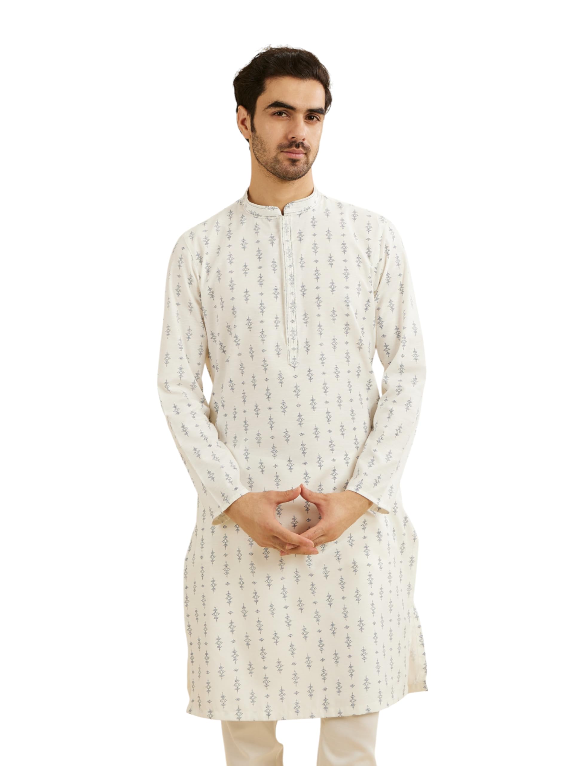 Manyavar Mens Art Silk Digital Print Long Kurta (White,XL)