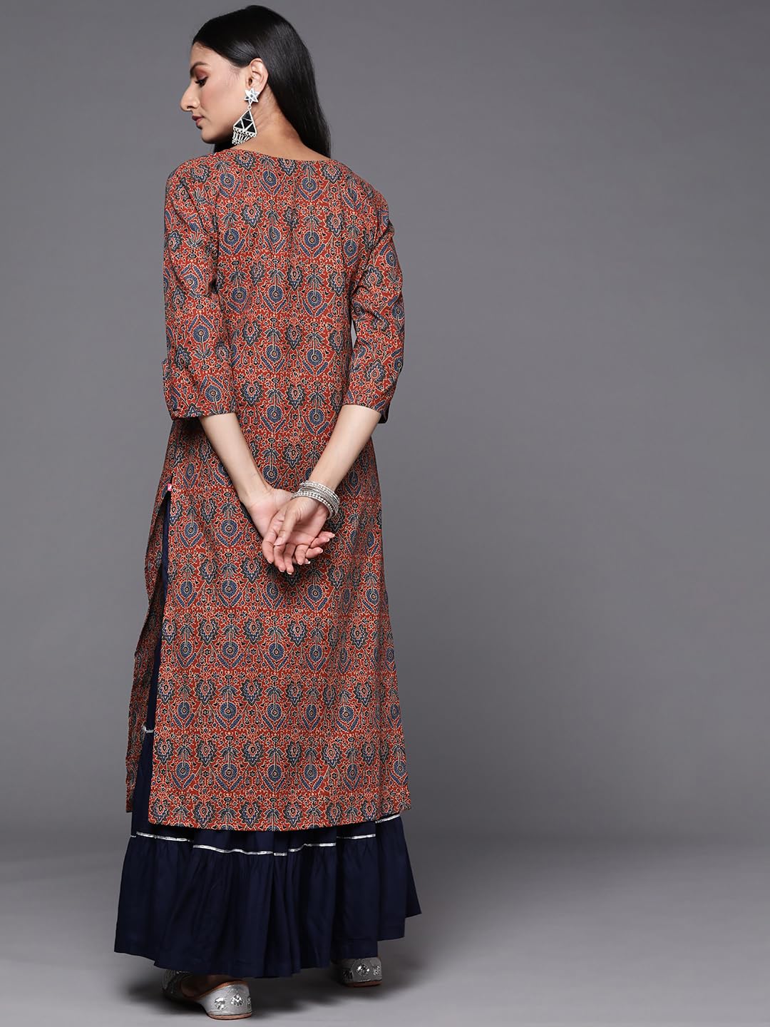 Varanga Rust Ajrakh Printed Kurta With Hand Work Detailings