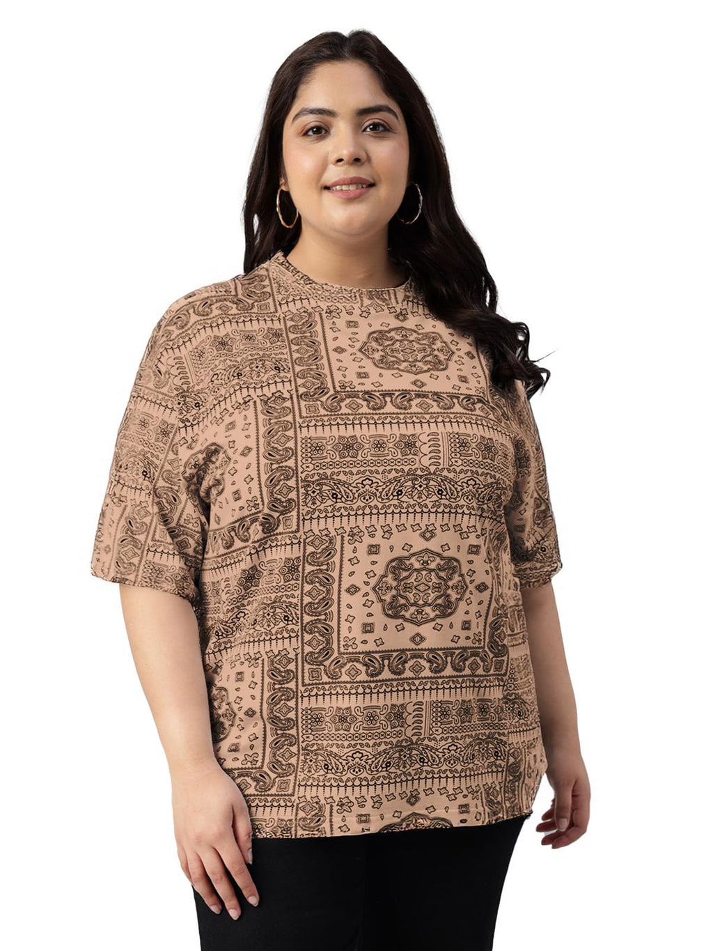 Juneberry 100% Pure Cotton Oversized Baggy Fit Stylish Paisley Bandana Print Half Sleeve Plus Size T-Shirt For Women & Girls (Jb