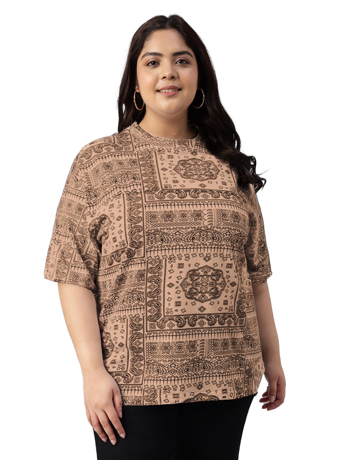 Juneberry 100% Pure Cotton Oversized Baggy Fit Stylish Paisley Bandana Print Half Sleeve Plus Size T-Shirt For Women & Girls (Jb