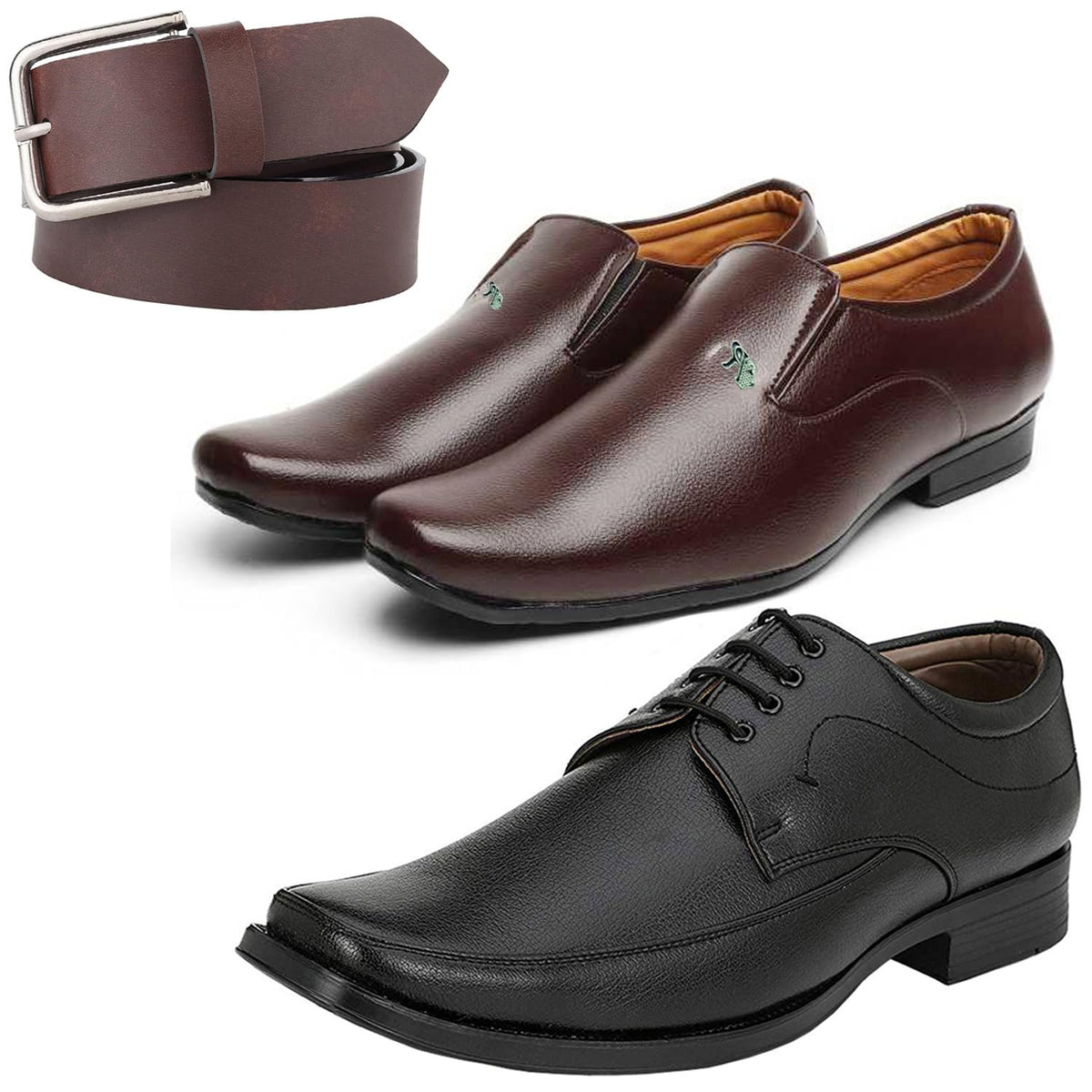 Graceful Trendy Formal Shoes/Party Shoes/ 2 Shoes Combo with Free Belt for Men and Boys (BAZAAR9034_VTR002BdrBlk2005Brwn) Mu 9
