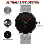 Mens Watches Ultra-Thin Minimalist Waterproof-Fashion Wrist Watch for Men Unisex Dress with Stainless Steel Mesh Band-Red Hands(
