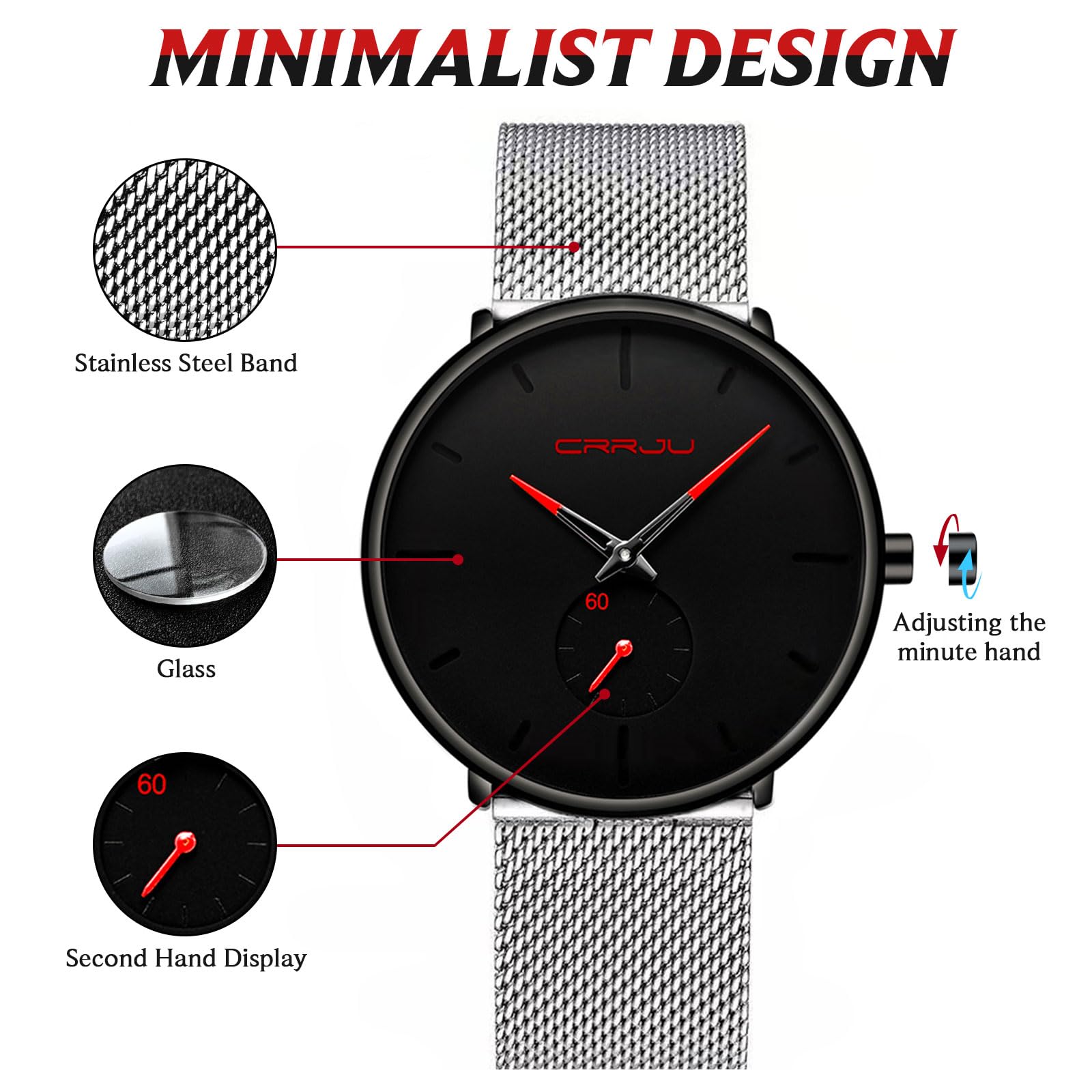 Mens Watches Ultra-Thin Minimalist Waterproof-Fashion Wrist Watch for Men Unisex Dress with Stainless Steel Mesh Band-Red Hands(