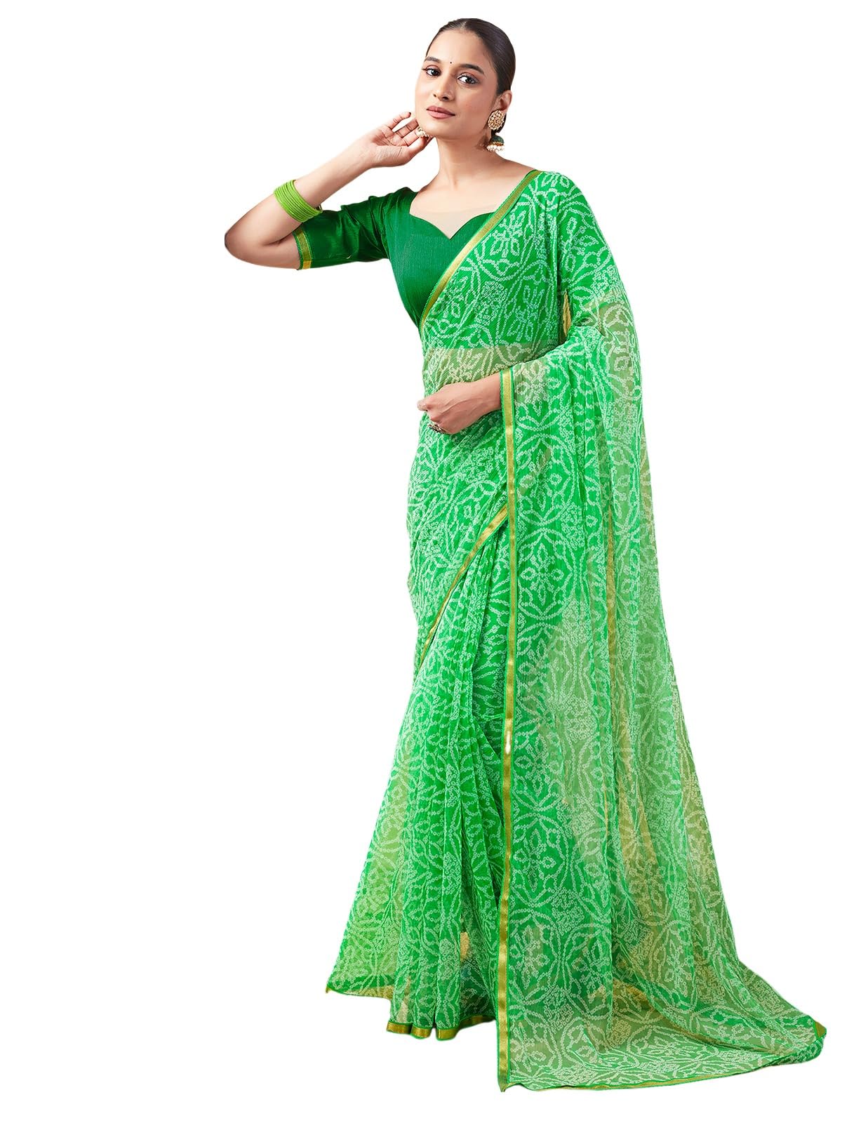 Satrani Womens Chiffon Bandhani Printed Saree with Unstitched Blouse Piece (3698S123N_Green)