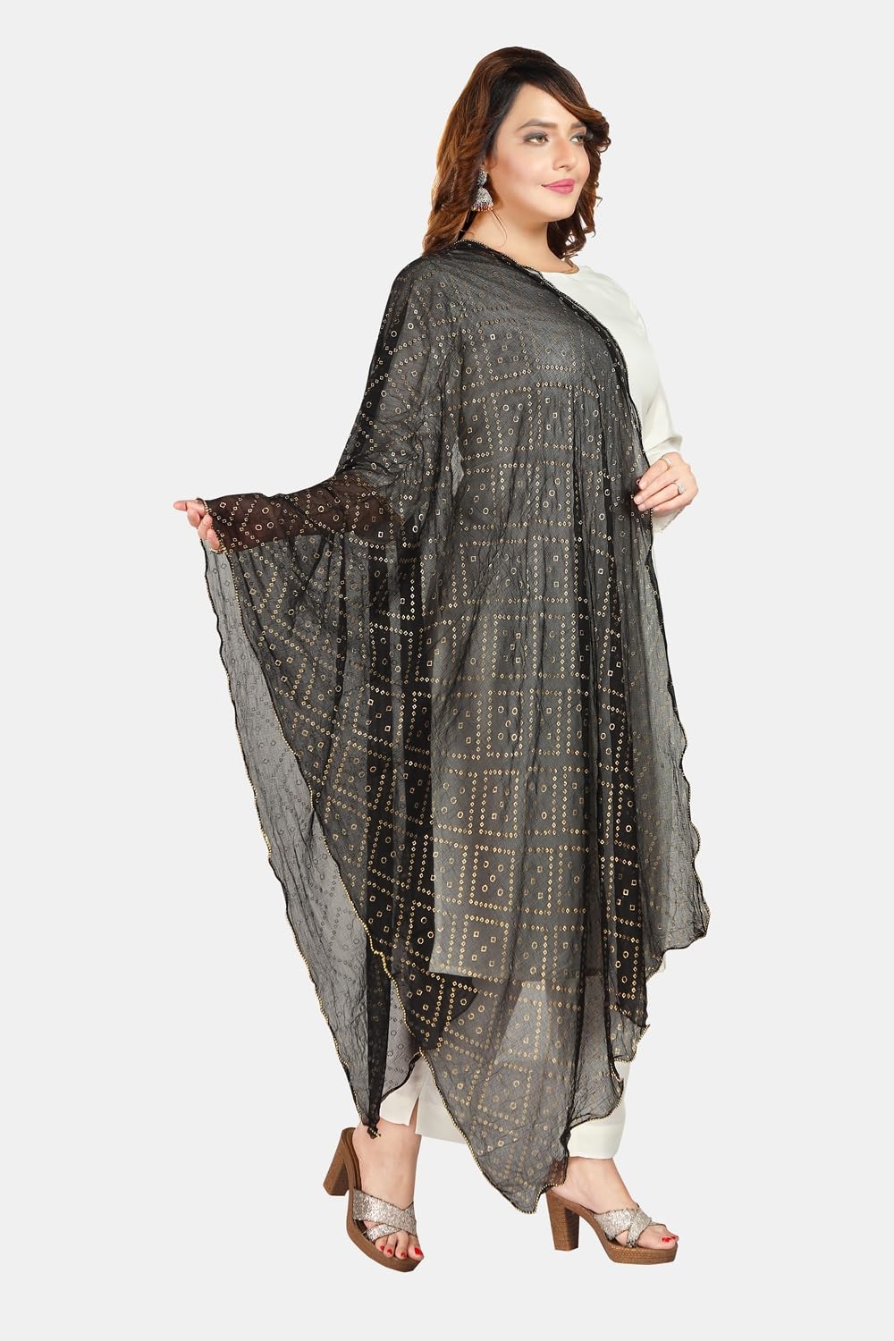 Fabme Women'S Printed Dupatta With Embellish Golden Border Black Red - Pack Of 2