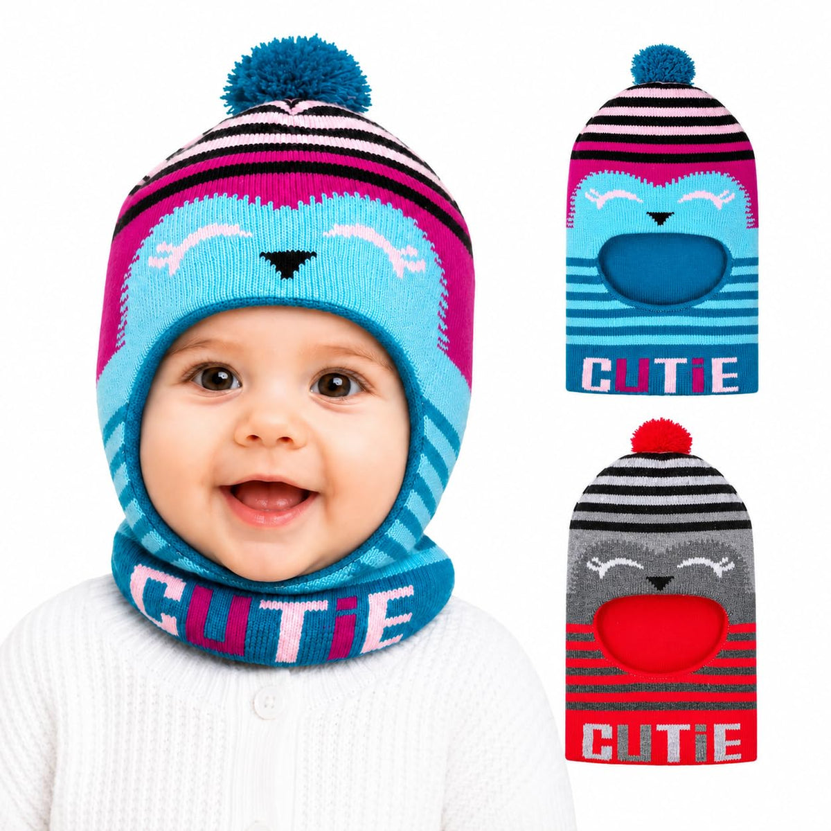 Nilavan Unisex Woolen Monkey Caps For Babies (Pack Of 2) | Soft Knitted Winter Caps With Ear & Neck Coverage | Cute Face Muffler 0-6