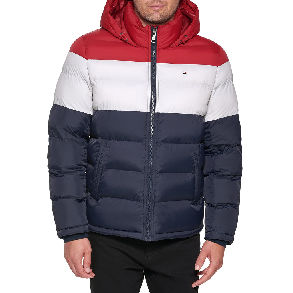Tommy Hilfiger Men's Hooded Puffer Jacket, Red/White/Midnight, Small