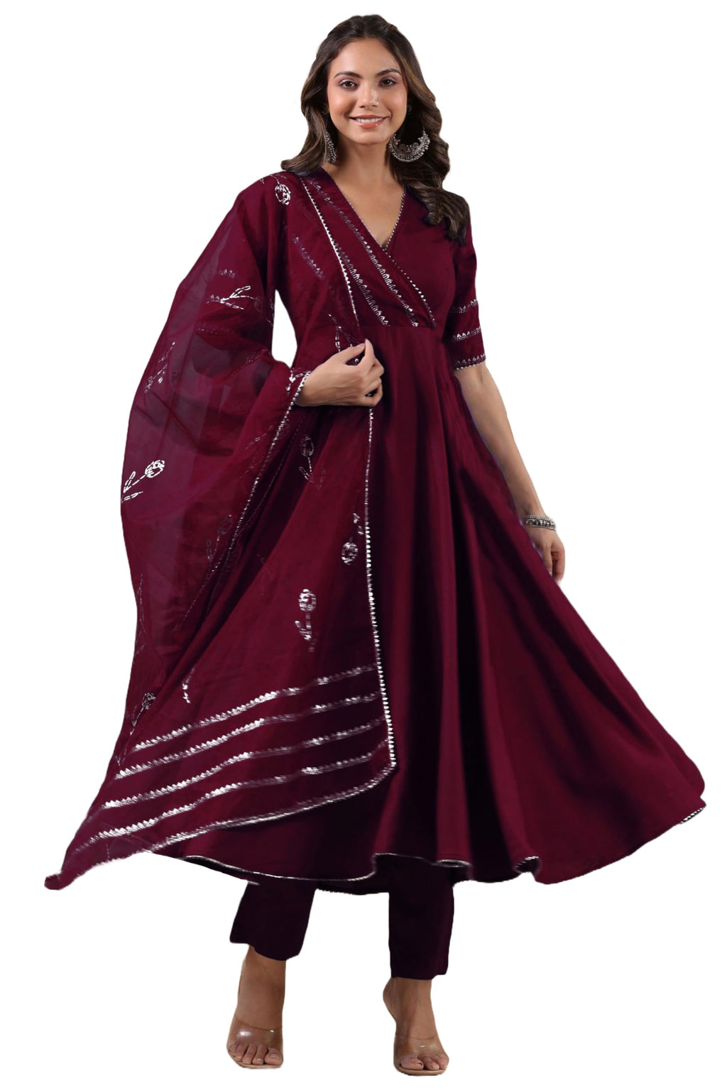 ANNI DESIGNER Womens Rayon Blend Anarkali Solid Kurta with Pant & Dupatta (NIRMOOHA Wine_XL_Wine_X-Large)