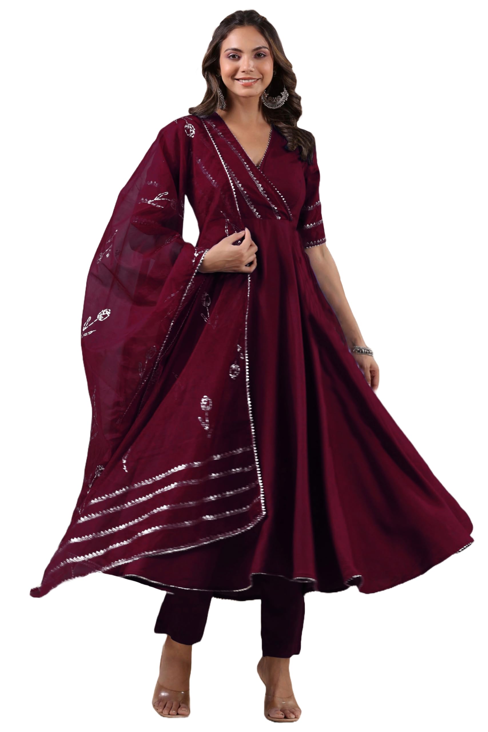 ANNI DESIGNER Womens Rayon Blend Anarkali Solid Kurta with Pant & Dupatta (NIRMOOHA Wine_XL_Wine_X-Large)