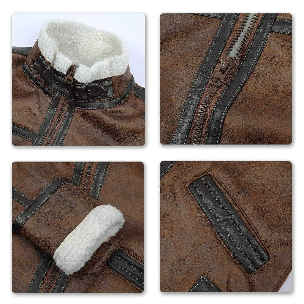 AOWOFS Men's Faux Leather Jacket Brown Motorcycle Bomber Shearling Suede Stand Collar