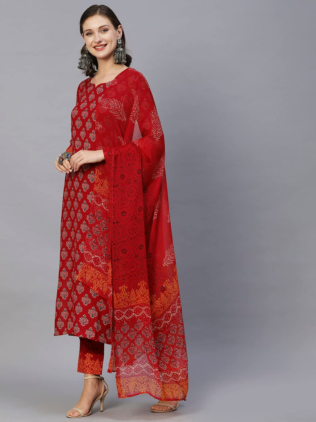 ANNI DESIGNER Womens Cotton Blend Floral Printed Straight Kurta with Pants & Dupatta (Shank-Maroon-CGD_M_Red_Medium)