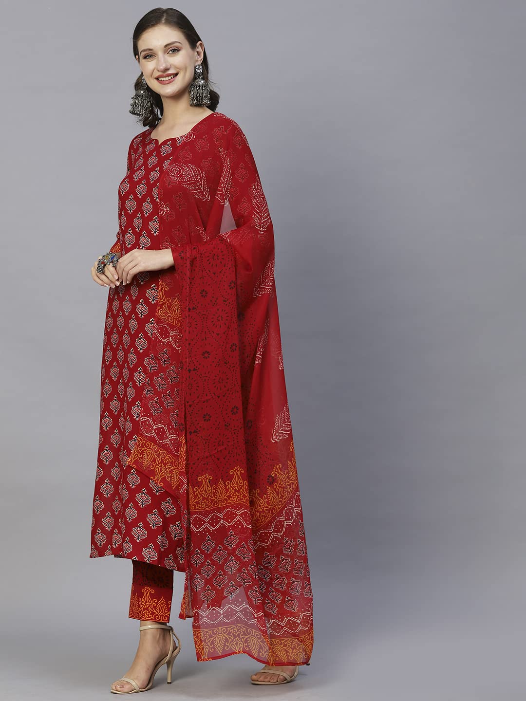 ANNI DESIGNER Womens Cotton Blend Floral Printed Straight Kurta with Pants & Dupatta (Shank-Maroon-CGD_XL_Red_X-Large)