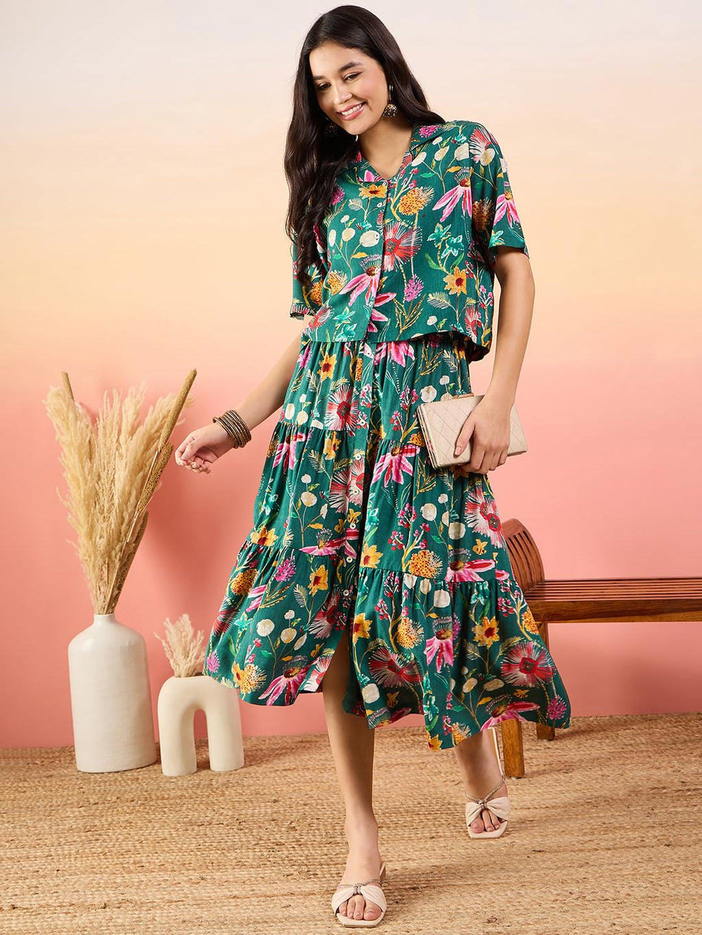 Modeve Women Shirt Skirt Green Floral Print Co-Ord Set_X-Large
