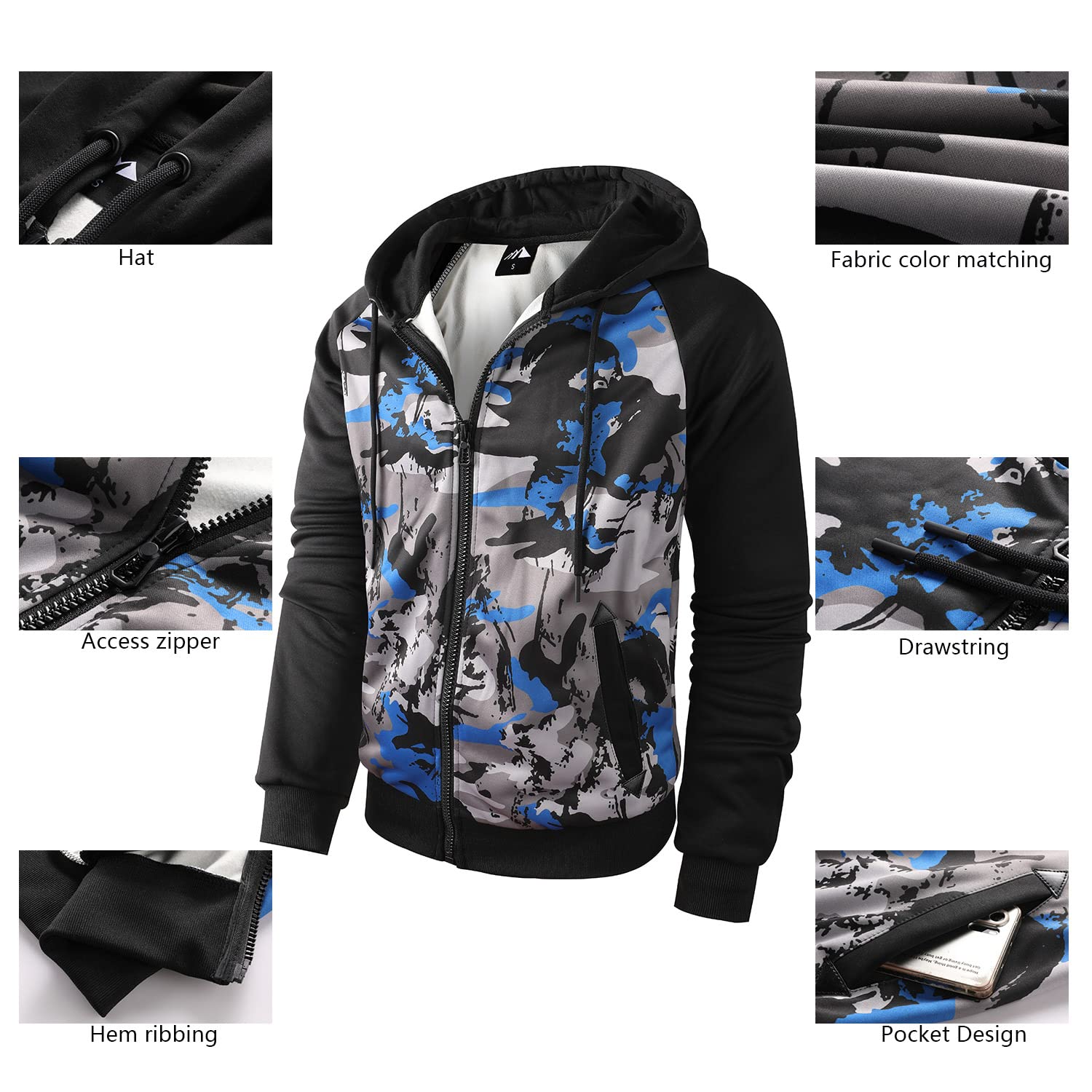 COOKFIP Men's Zip Up Color Block Hoodie Fleece Gym Workout zippered Sweatshirt Fashion Long Sleeve Hooded WIth Pocket (17# blue