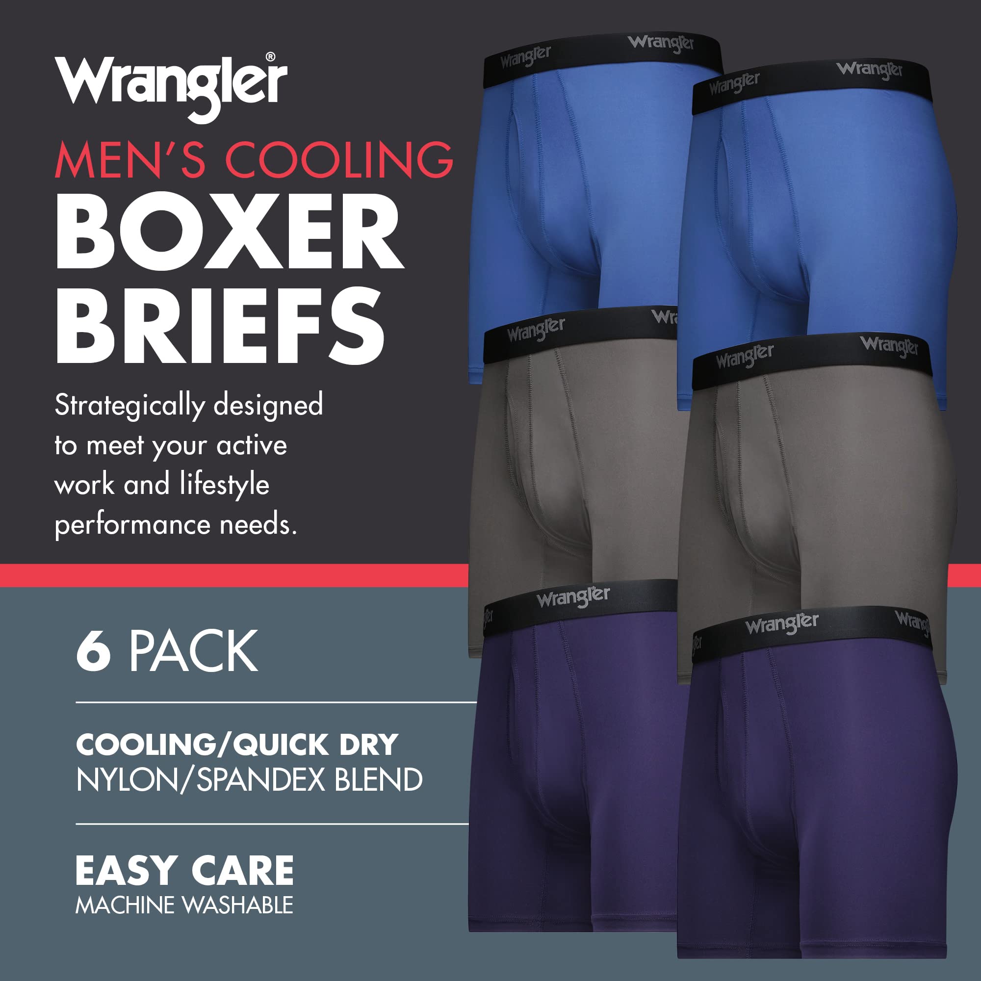 Wrangler - Mens Cooling Boxer Briefs - Mens Boxer Brief Underwear 6 Inseam for Men Pack of 6 | Comfort Stretch Boxer Briefs for