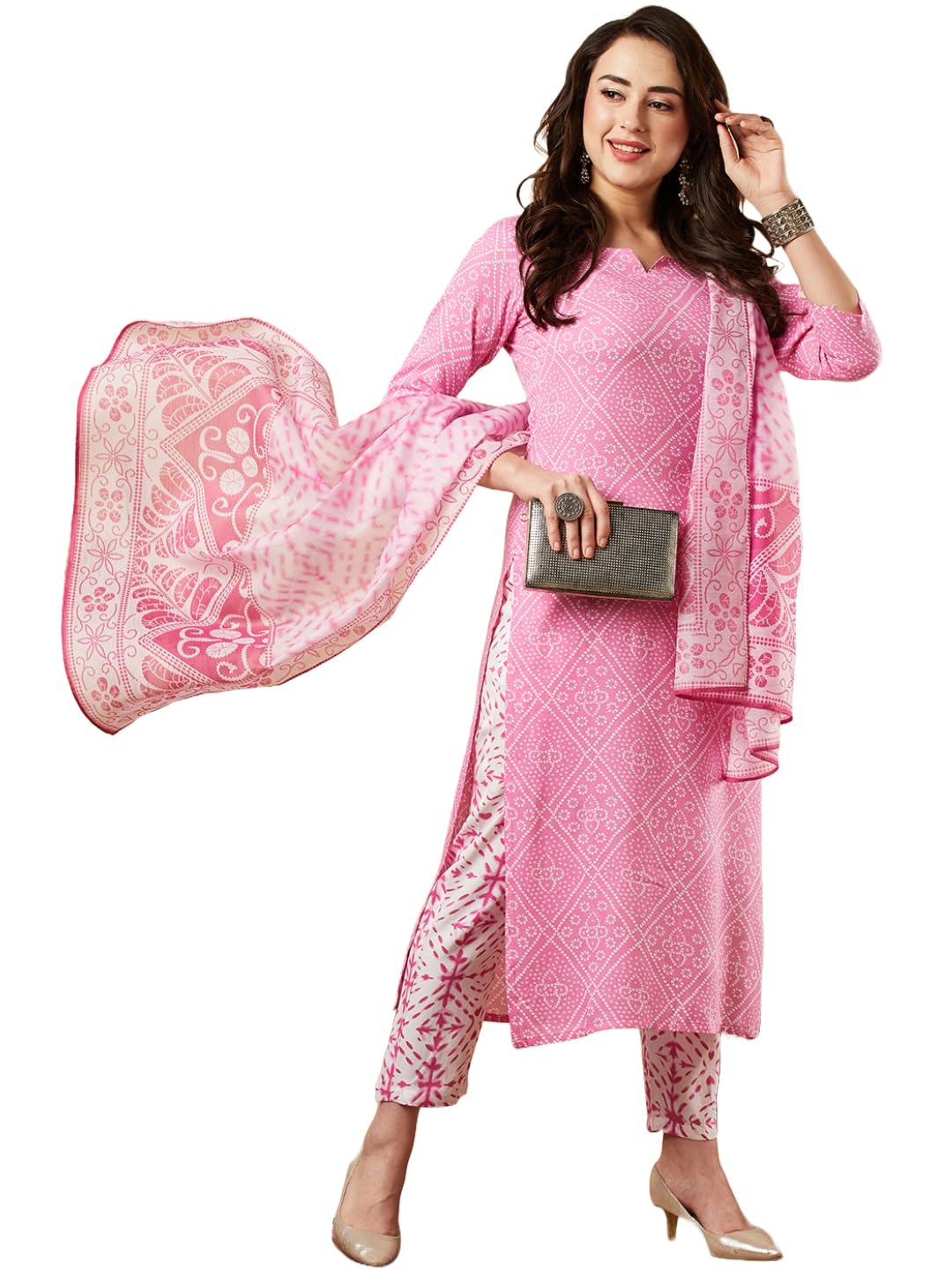 ANNI DESIGNER Ladies Cotton Blend Dupatta Kurta Trousers, magenta, M