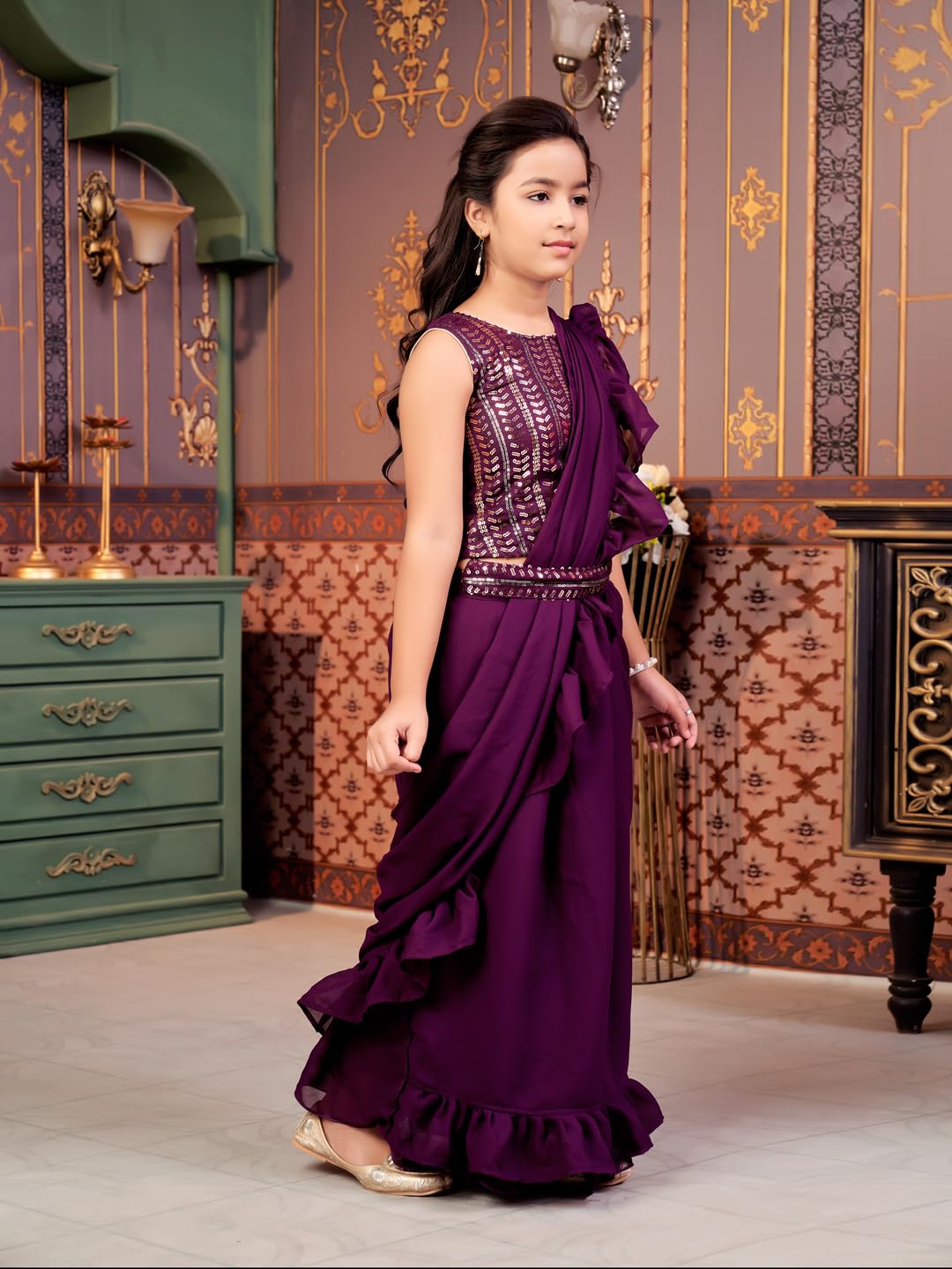 Aarika Girls Ethnic Wear Purple Colour Sequin Embroidery Georgette Lehenga Choli Set With Attached Dupatta-(9-13 Years)-(Lch-Shm