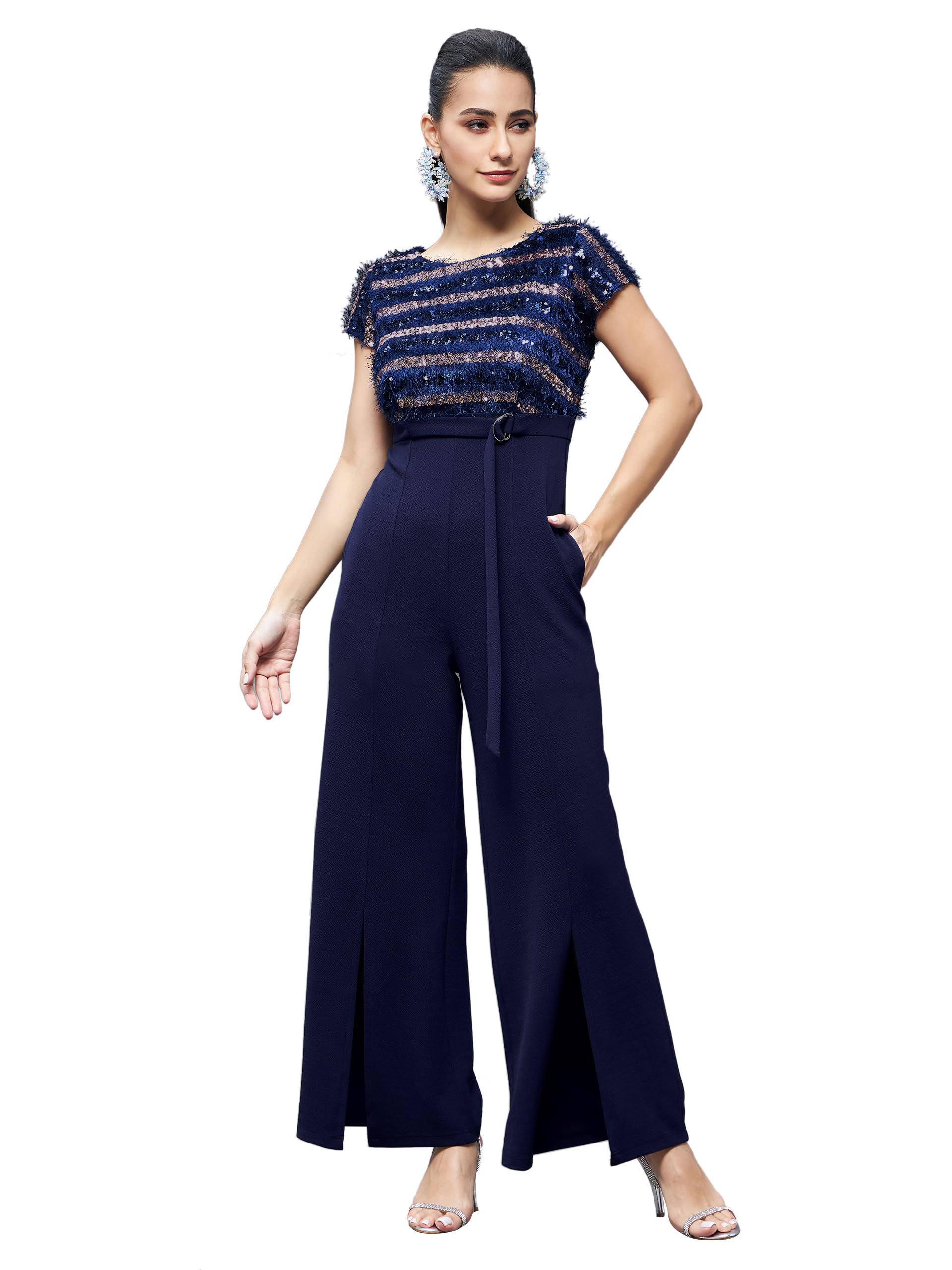 Miss Chase WomenS Round Neck Short Sleeve Embellished Front Slit Fringed Regular Jumpsuit (Mcaw21D04-97-71-04, Navy Blue, M)