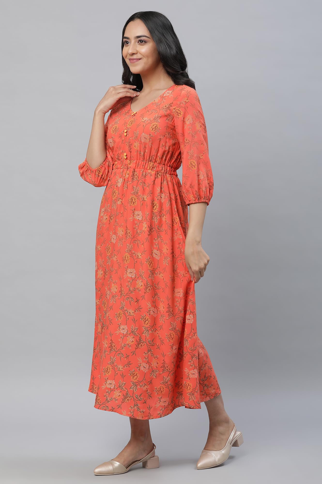 Aurelia Orange Floral Printed Midi Dress For Women