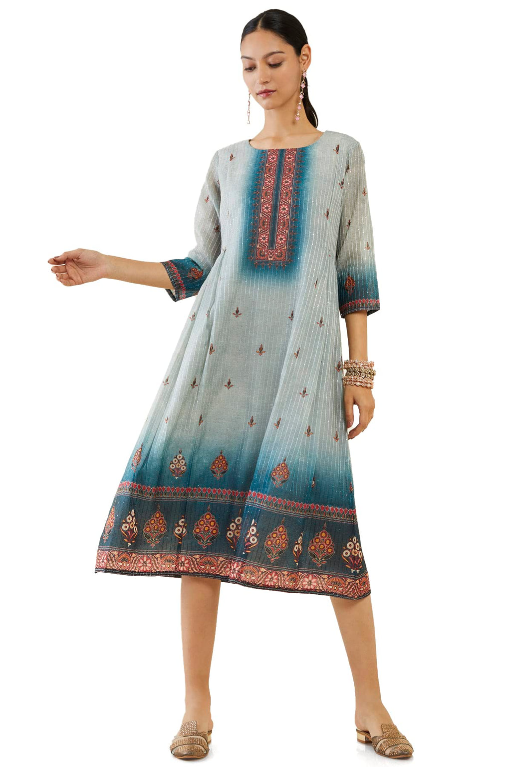 Soch Women Grey Chanderi Striped Kurta(Grey_M)