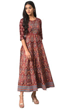 W For Woman Dark Brown Floral Printed Embroidered Glitter A-Line Dress