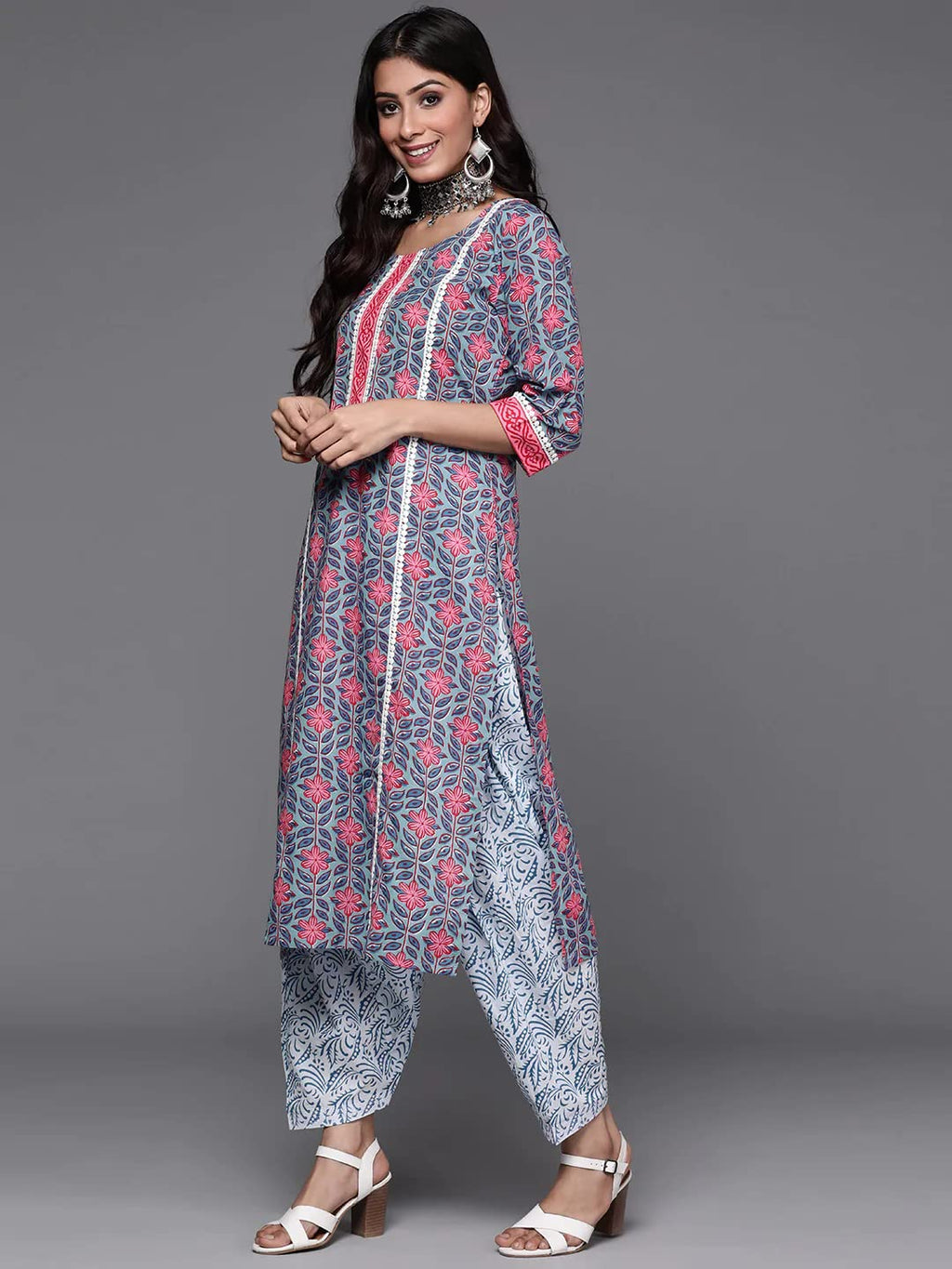 ANNI DESIGNER Womens Cotton Blend Straight Printed Kurta with Pant & Dupatta (Uvesh Grey_XXL_Grey_XX-Large)